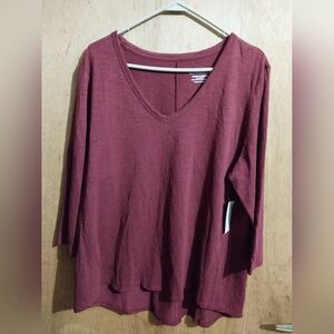 Chico's Womens XL The Ultimate Tee Linen Cranberry Spice V-Neck Long Sleeve Top